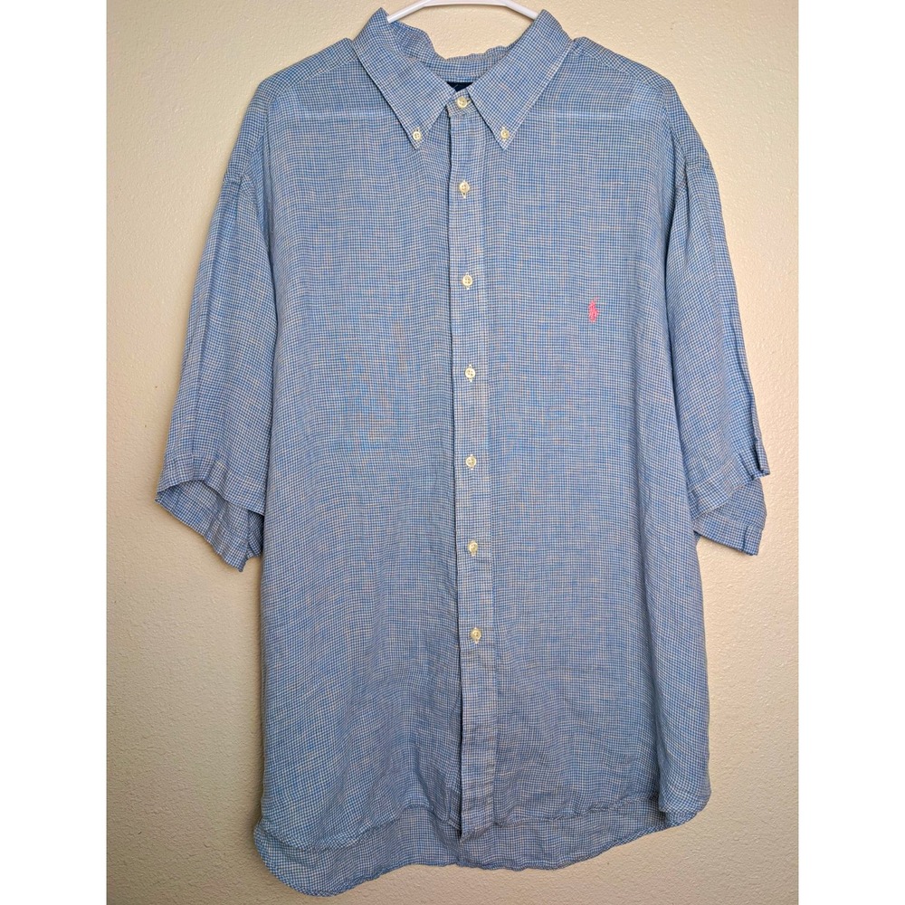 Ralph Lauren Men's 2XL Big & Tall Classic Fit Blue White SS Shirt Pony Preppy